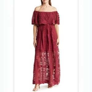 Wishlist Women's Burgundy Lace Overlay Off Shoulder Maxi Dress Size S NWT